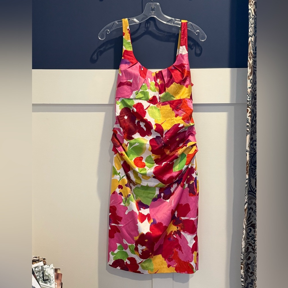 S.L. Fashions Pink Red Yellow Floral Ruched Midi Dress Size 10